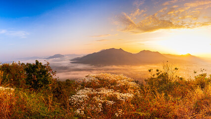 Naklejka na ściany i meble Mist over Phu Thok Mountain at Chiang Khan, Loei Province, Thailand