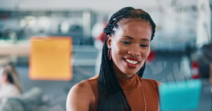 Business, sticky note and black woman for winning ideas, strategy or success in office. Goals, mission and yes of corporate worker and creative, vision moodboard for scrum, agile or workflow schedule