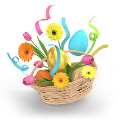 Easter eggs in basket with flowers