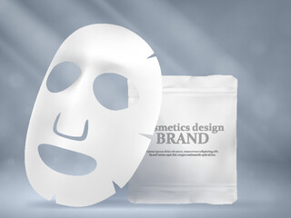 Advertisement for white face mask cosmetics. Realistic vector illustration. Face mask packaging design.