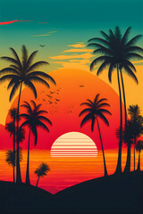 Beach landscape with sunrise, retro illustration