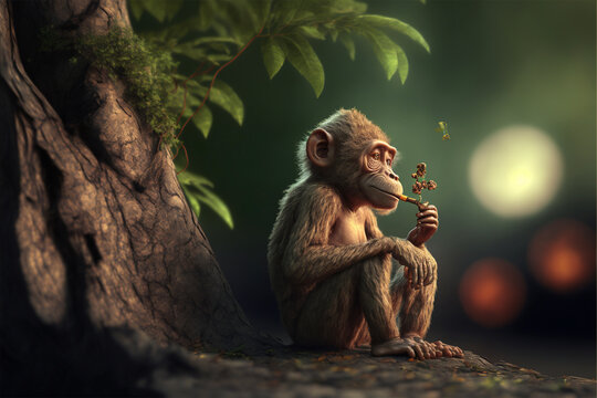 Smoking monkey sitting on a tree.Created with generative ai