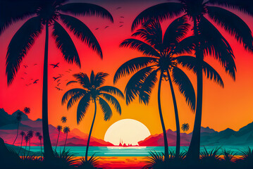 Naklejka na ściany i meble Beach landscape with sunrise, retro illustration