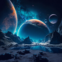 Dark planet with moon in deep space for art wallpaper