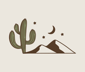 Minimalistic logo cactus, mountains, moon, sky