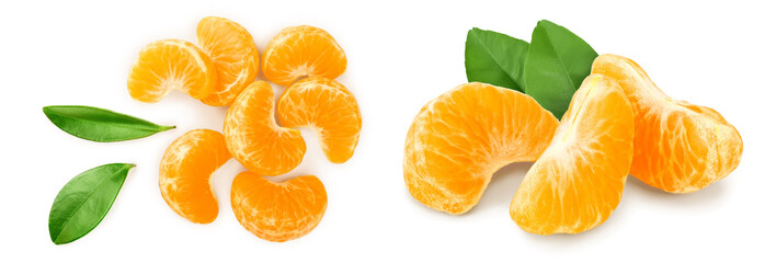 tangerine or mandarin slices with leaves isolated on white background. Top view. Flat lay