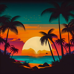 Fototapeta na wymiar Beach landscape with sunrise, retro illustration