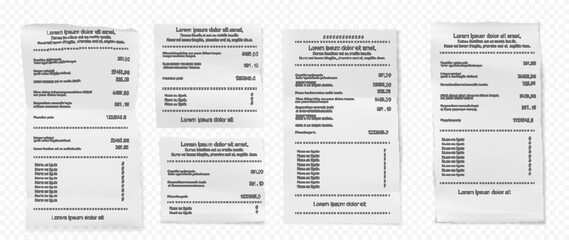 Vector illustration of receipts of realistic payment paper bills for cash or credit card transaction with the purchase of goods amount from a store or store sale. Isolated 3D on transparent background