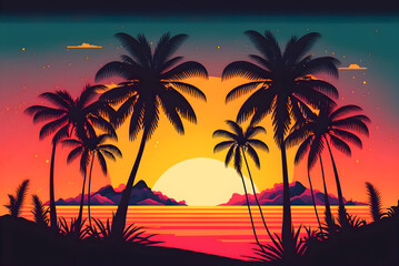 Obraz na płótnie Canvas Beach landscape with sunrise, retro illustration
