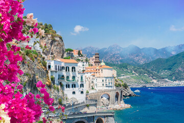 summer Atrani Amalfi resort with Thyrenian sea water, summer flowers, Italy