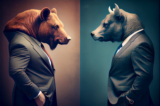 Concept of Bullish and Bearish in stock Market or forex trading. Suitable for illustrating of stock marketing or financial investment. Bull vs Bear - symbols of stock market trend. AI.