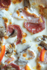 freshly made pizza close-up; details of the pizza application; juicy pizza from the oven with mushrooms, tomatoes and bacon and sprinkled with parmesan cheese