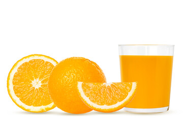 Orange set. Whole orange, slices, juice in a glass. Isolated on white background.