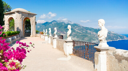 beautiful details of Ravello village, Amalfitana coast of Italy at summer with flowers, web banner format © neirfy