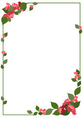 Floral frame in vertical format, with branches and plants of green color and red flowers