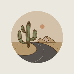 Mountain logo, cactus, road.