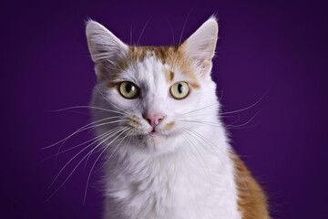 Funny tabby cat looking curious to the camera over dark background.