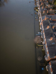 Aerial view of flooded terraced homes