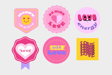 Set of stickers and badges for Valentine's day. Love element banner style Y2K.
