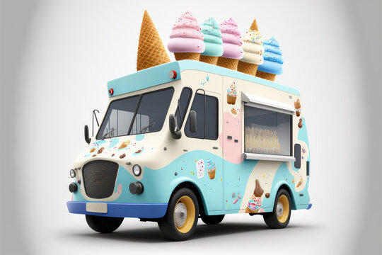 Ice cream food truck, isolated van, cartoon car for street food icecream Automobile cafe on wheels with ice cream assortment, loudspeaker on rood and chalkboard, 3d illustration. (ai generated)
