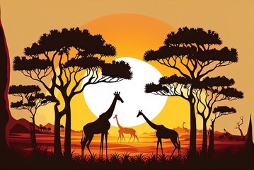 Naklejka na ściany i meble silhouetted giraffes in a savannah African grassland with acacia trees and lush grass before sunrise, representing the notion of a safari holiday. Generative AI