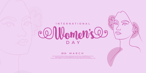Happy womens day banner with line art woman illustration