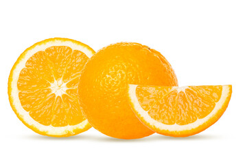 Set of oranges. Whole and pieces. Isolated on white background.