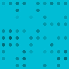 Abstract seamless geometric pattern. Mosaic background of black circles. Evenly spaced big shapes of different color. Vector illustration on cyan background