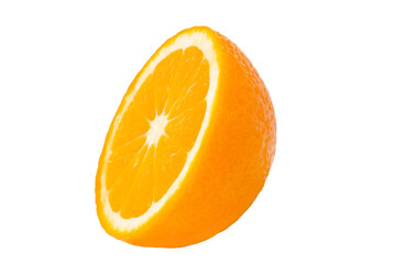 Fresh juicy orange cut in half. Isolated on white background.
