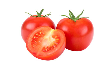 Group of whole and sliced tomatoes isolated on a transparent background in close-up