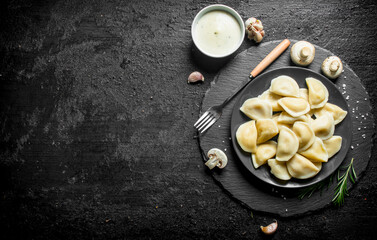 Dumplings with sour cream in bowl.