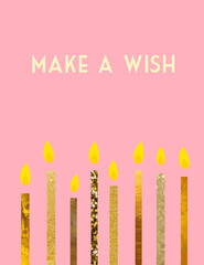 Birthday candles with golden patterns on pink background. Make a wish, congratulations, celebration concept