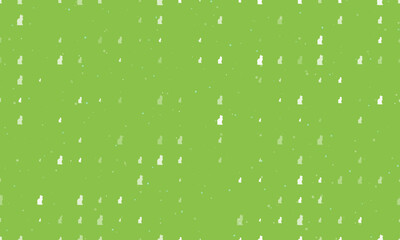 Seamless background pattern of evenly spaced white cat symbols of different sizes and opacity. Vector illustration on light green background with stars