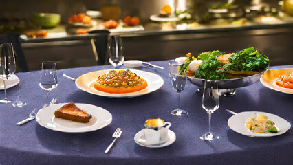 table full of food, dinner, gourmet, traditional, restaurant, Generative AI