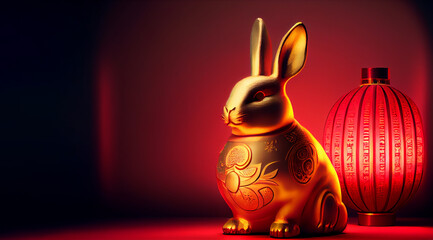 Chinese new year 2023 year of the rabbit. Gold bunny rabbit with red lantern. Generative ai
