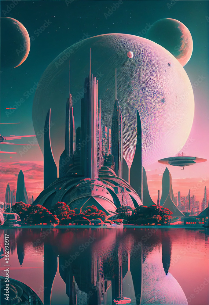 Poster Beautiful abstract surreal landscape retro futuristic world of computer space in the style of science fiction of the 80s. Futuristic city in virtual space
