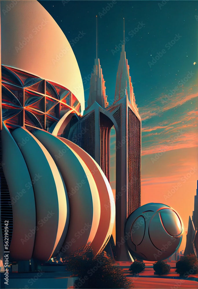 Poster Beautiful abstract surreal landscape retro futuristic world of computer space in the style of science fiction of the 80s. Futuristic city in virtual space