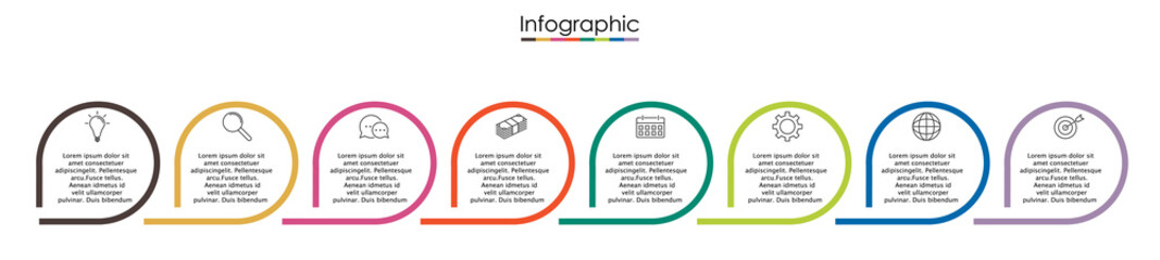 Vector infographic template with eight steps or options. Illustration presentation with thin line elements icons.  Business concept graphic design can be used for web, paper brochure, diagram, chart
