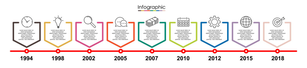 Vector infographic template with nine steps or options. Illustration presentation with thin line elements icons.  Business concept graphic design can be used for web, paper brochure, diagram, chart