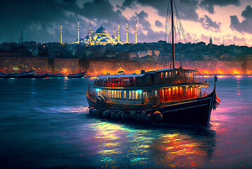 impression of evening ferry in Istanbul in rough brilliant colors. Mosque on horizon, splashes, commuters