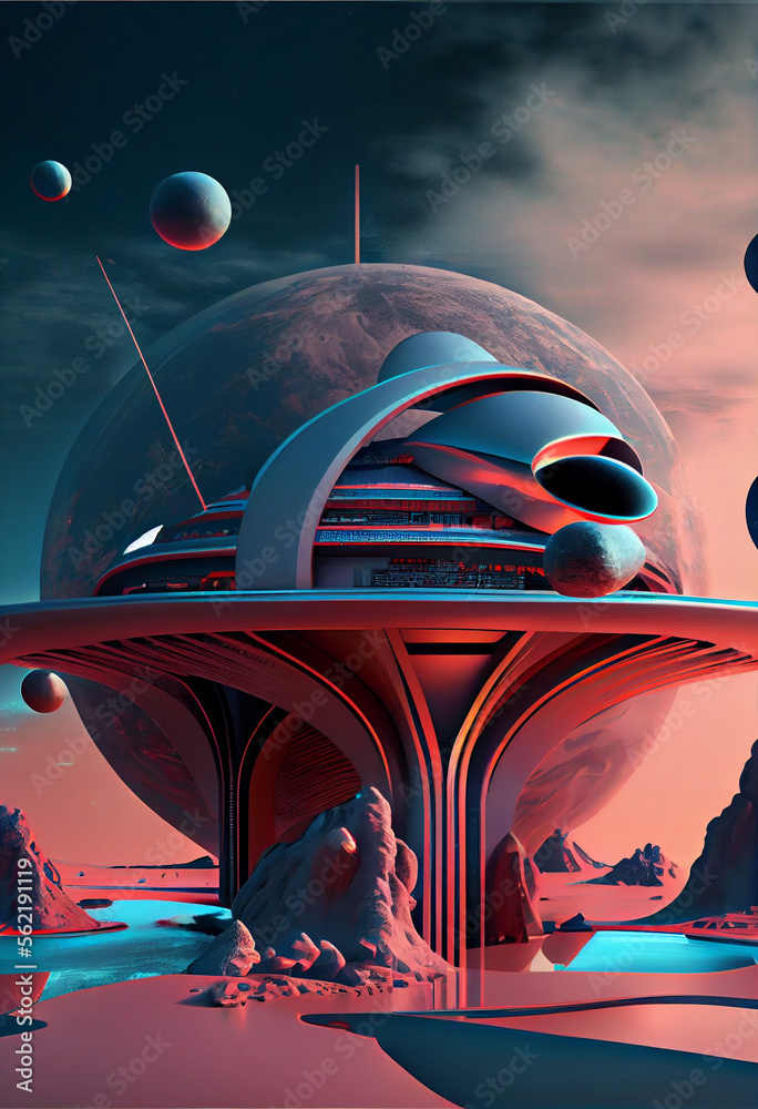Poster Beautiful abstract surreal landscape retro futuristic world of computer space in the style of science fiction of the 80s. Futuristic city in virtual space