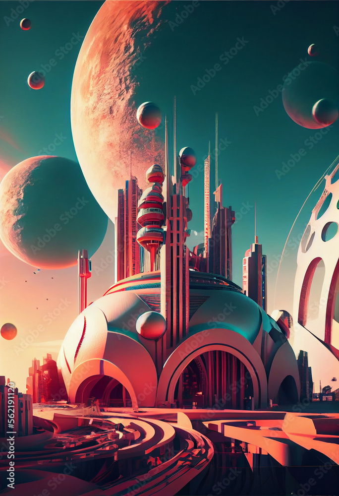 Poster beautiful abstract surreal landscape retro futuristic world of computer space in the style of scienc