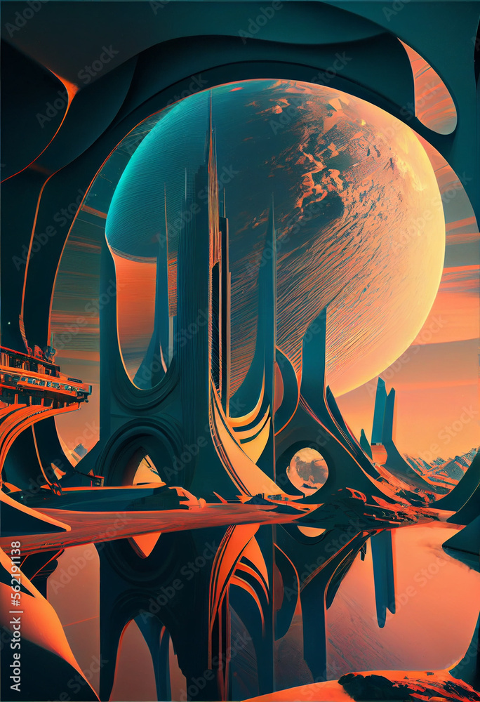 Poster beautiful abstract surreal landscape retro futuristic world of computer space in the style of scienc