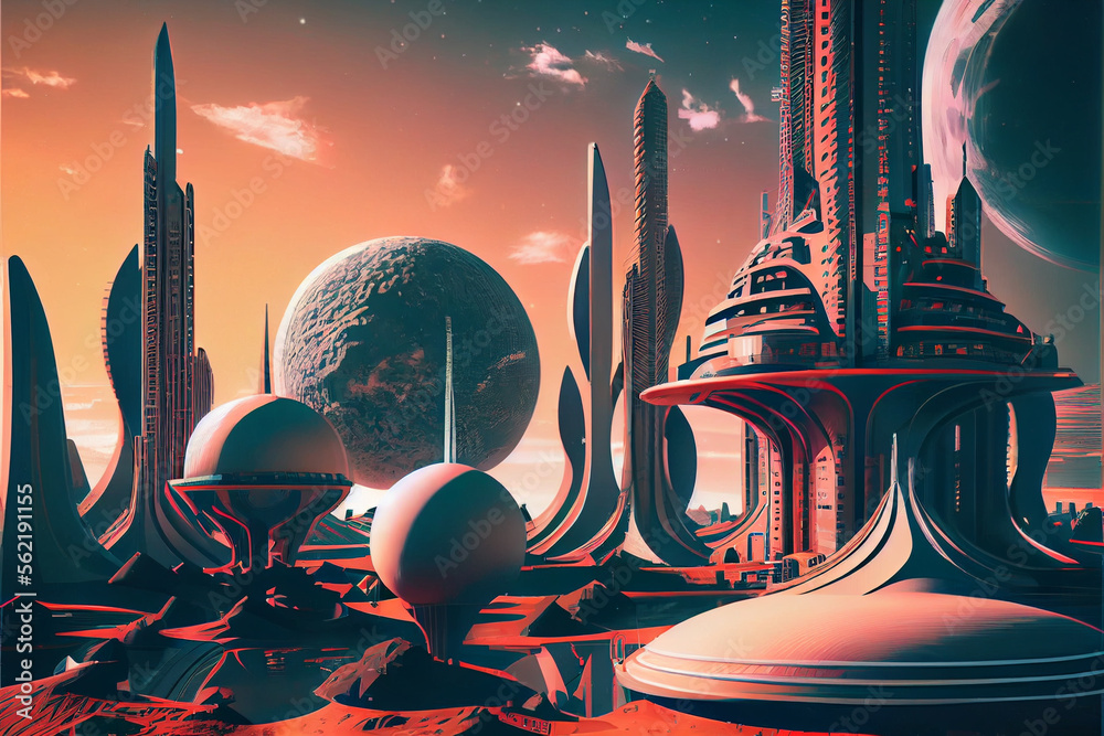 Poster Beautiful abstract surreal landscape retro futuristic world of computer space in the style of science fiction of the 80s. Futuristic city in virtual space