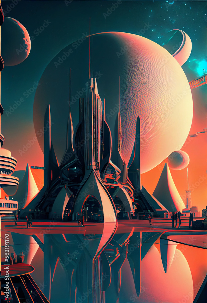Aufkleber Beautiful abstract surreal landscape retro futuristic world of computer space in the style of science fiction of the 80s. Futuristic city in virtual space