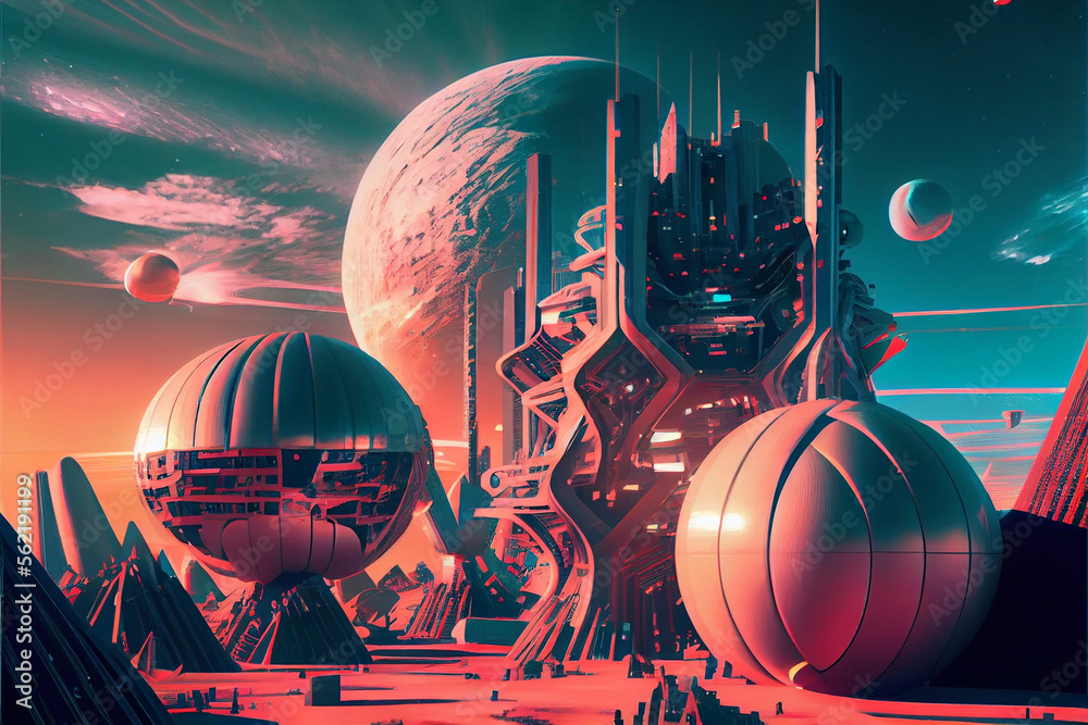 Poster Beautiful abstract surreal landscape retro futuristic world of computer space in the style of science fiction of the 80s. Futuristic city in virtual space