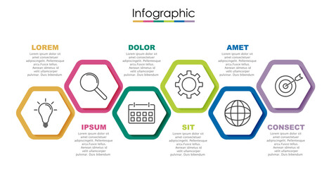 Vector infographic template with six steps or options. Illustration presentation with line elements icons.  Business concept design can be used for web, brochure, diagram, chart or banner layout.