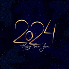 Calligraphic inscription Happy 2024 New Year. Golden numbers on a dark blue festive background