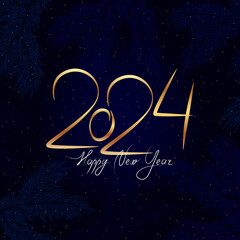 Naklejka premium Calligraphic inscription Happy 2024 New Year. Golden numbers on a dark blue festive background