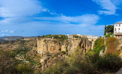 Panoramic view of Puente Nuevo Bridge at sunset in Ronda, Spain on October 23, 2022